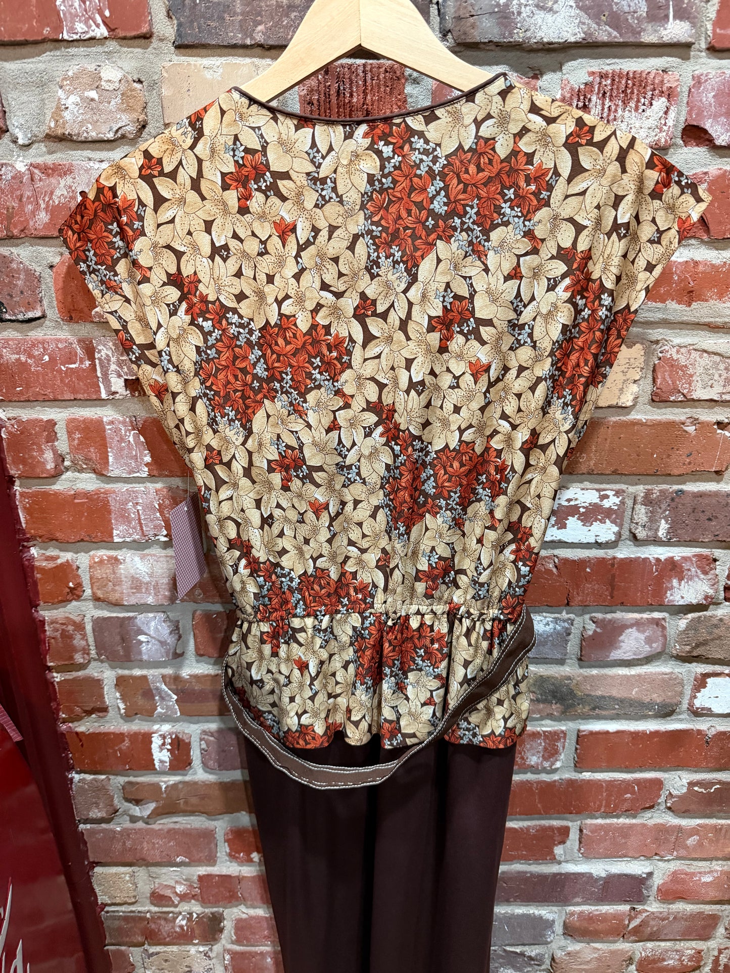 70s Tan/Brown Belted Floral Dress