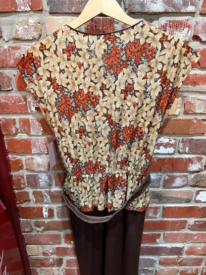 70s Tan/Brown Belted Floral Dress