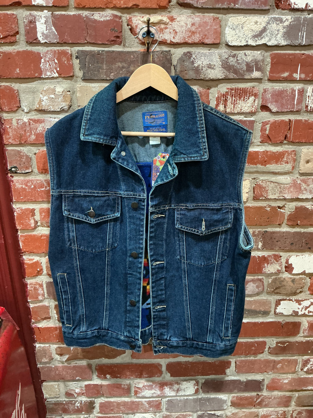 Pendleton Denim Vest with Southwestern Blanket Patchwork