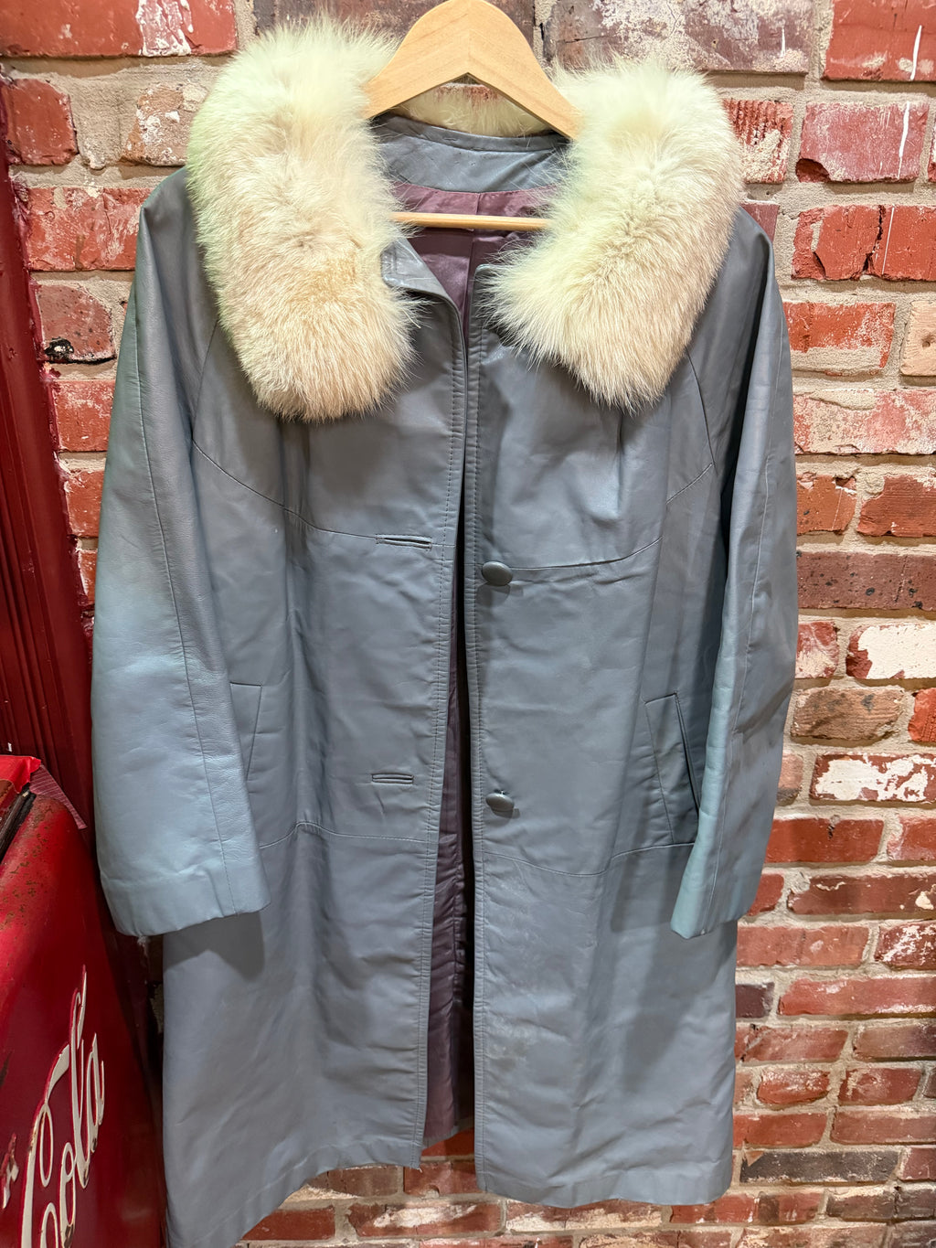Grey Faux Leather Coat with Genuine Fur Collar