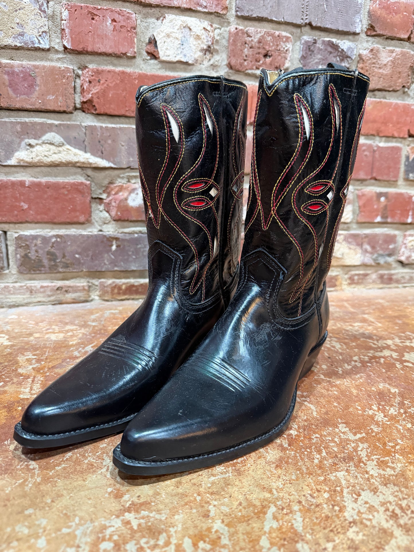 Acme Red/White Flame Stitch Inlay Black Boots