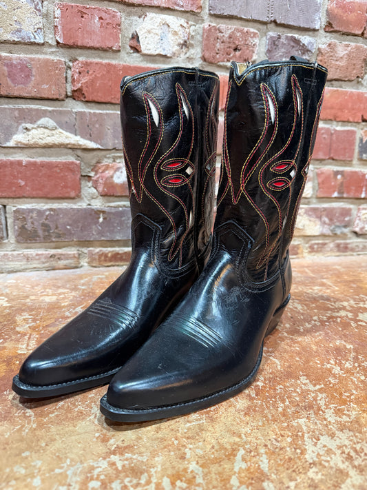 Acme Red/White Flame Stitch Inlay Black Boots