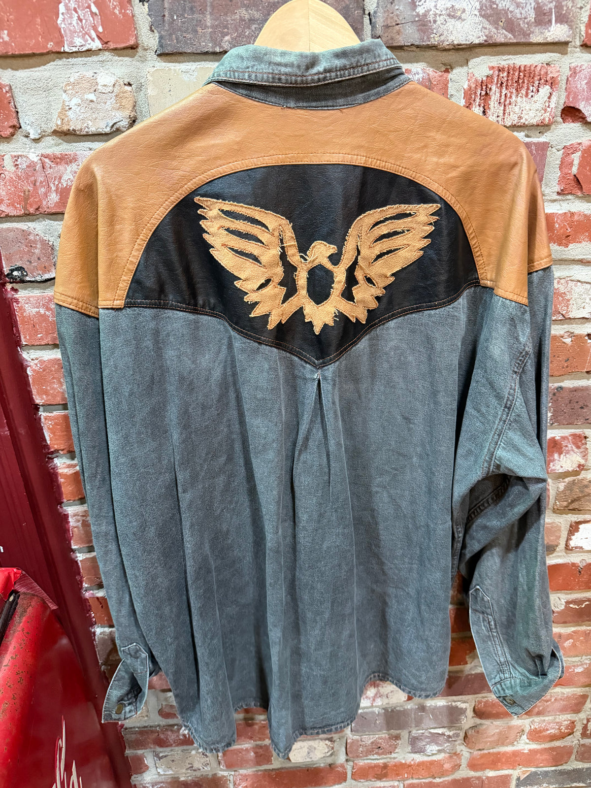 Hooter Denim & Tan Leather Western Shirt with Eagle Embroidery