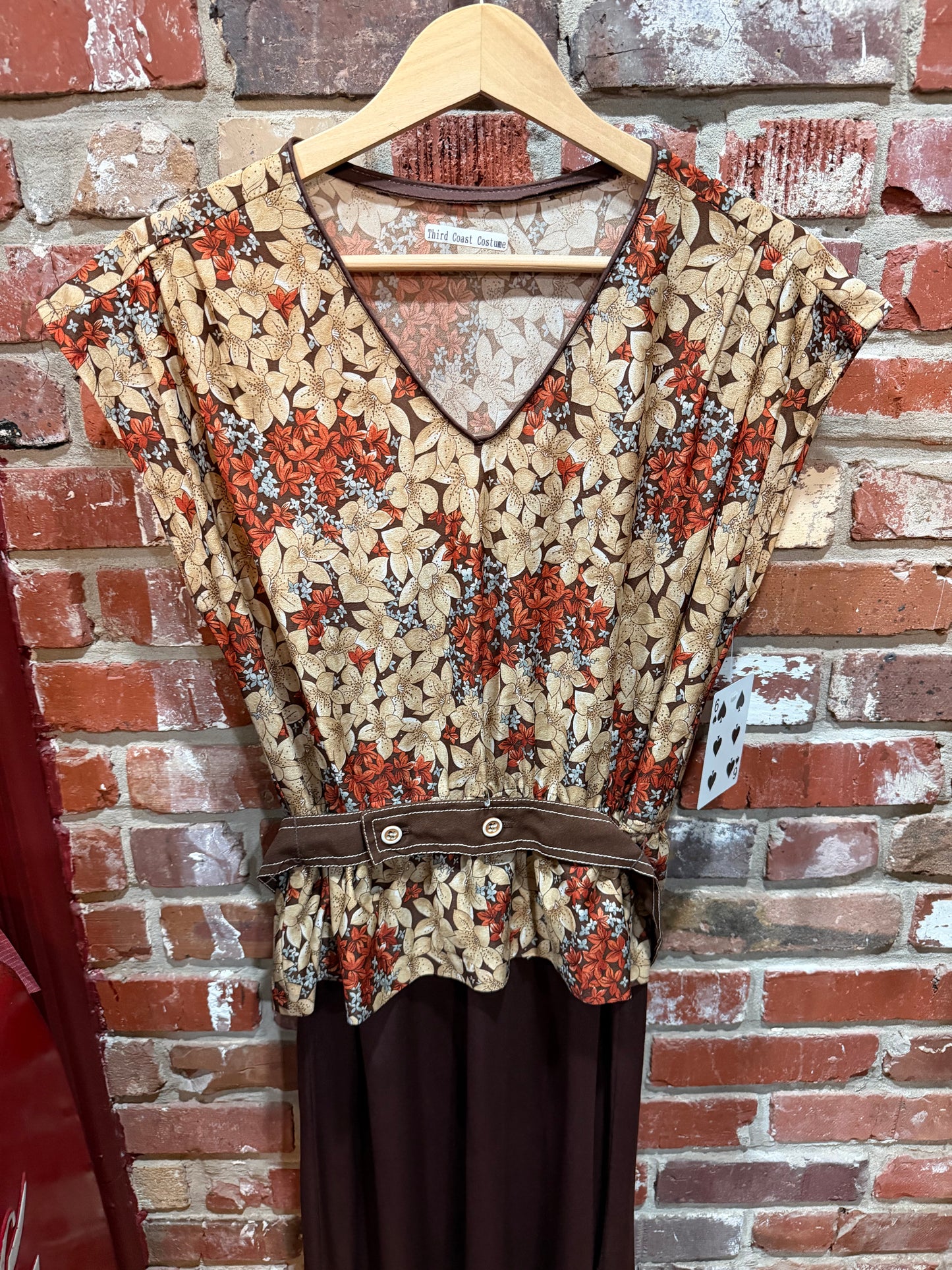 70s Tan/Brown Belted Floral Dress