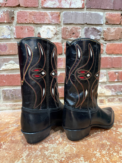 Acme Red/White Flame Stitch Inlay Black Boots