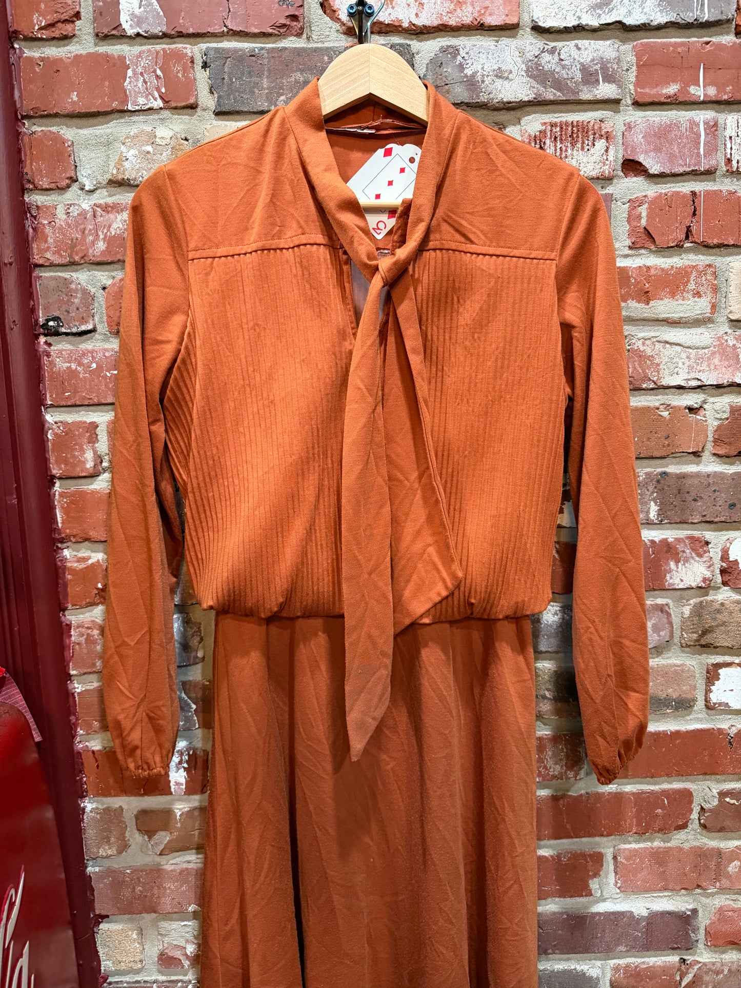 70s Rust Pleated Bodice Dress