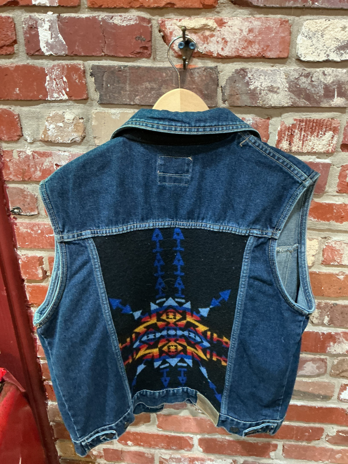 Pendleton Denim Vest with Southwestern Blanket Patchwork
