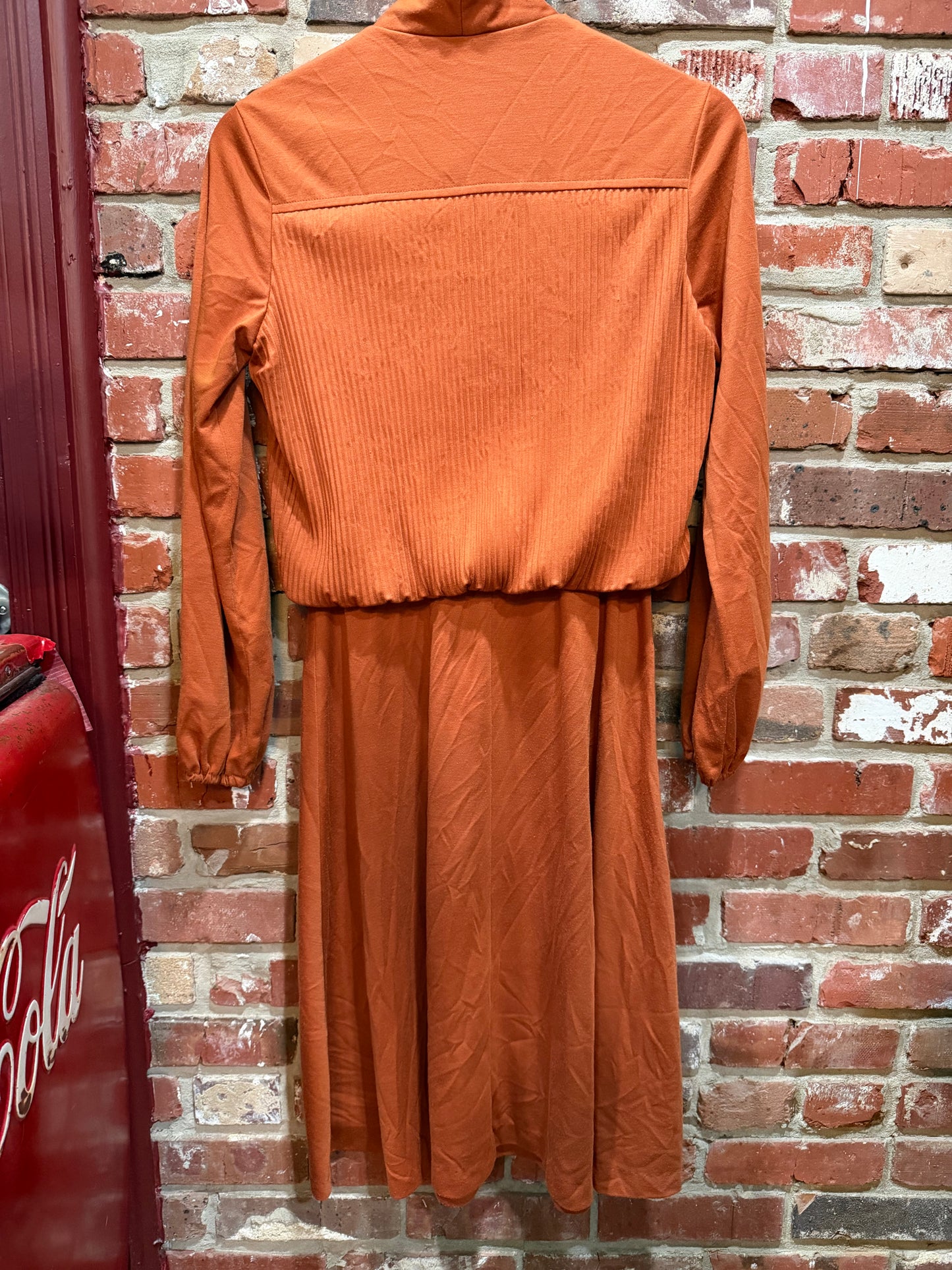 70s Rust Pleated Bodice Dress