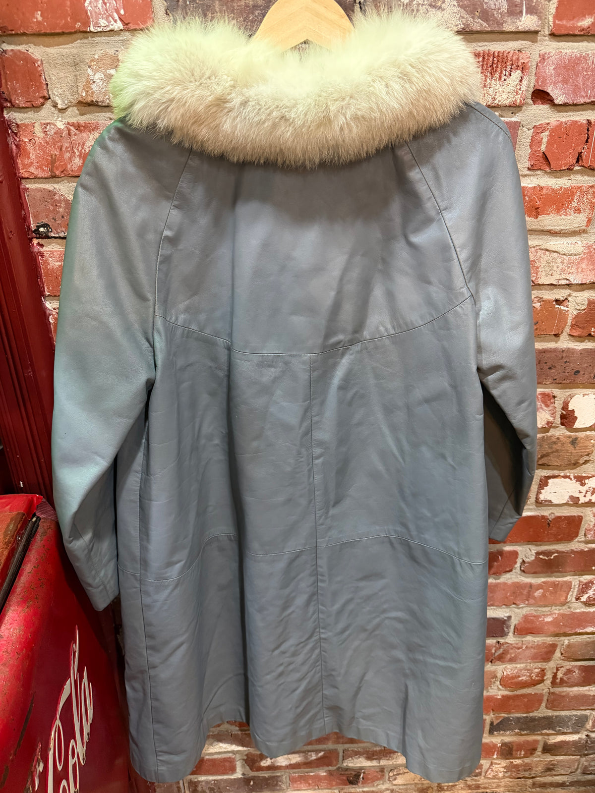 Grey Faux Leather Coat with Genuine Fur Collar