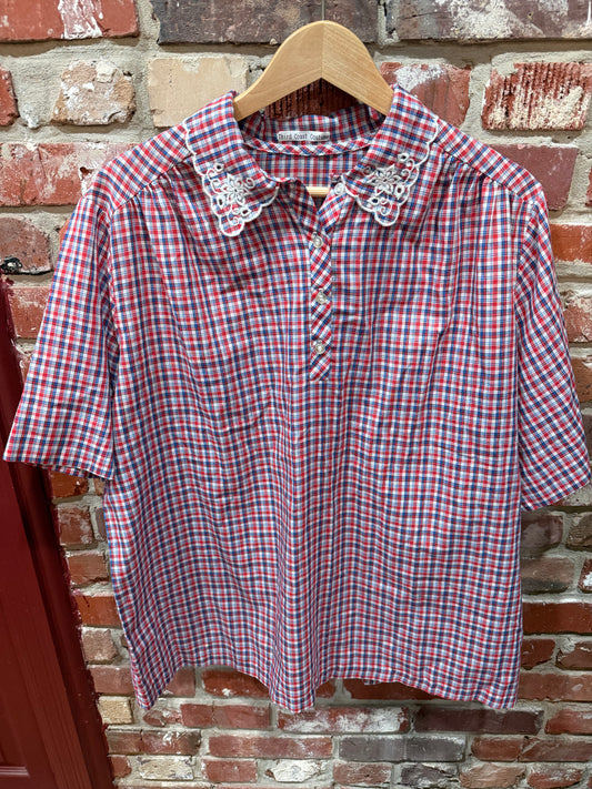 Gingham Blouse with Lace Lapel