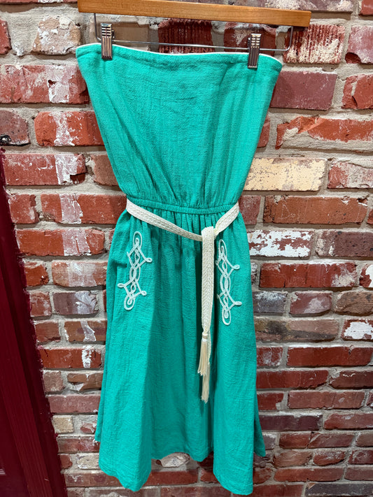1970s Strapless Turquoise Dress