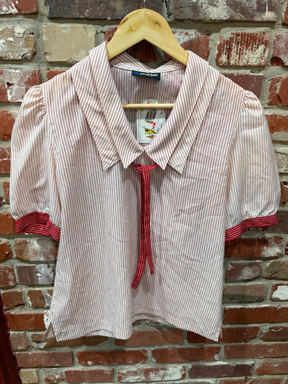 Pan Her Red Pinstripe Tie Front Blouse