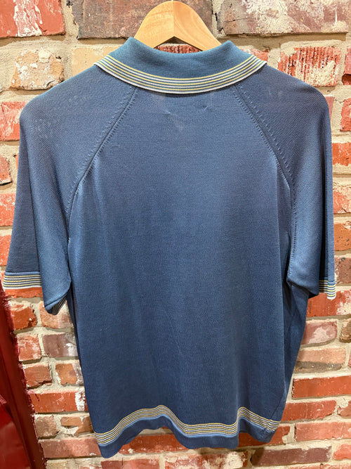 Pierre La Grande Blue Knit Polo Shirt with Contrast Trim