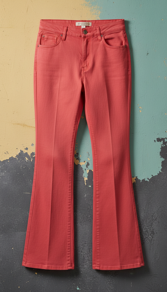 Poppy red 70s flare trousers